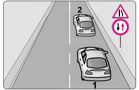 Soru 6 görseli: Şekildeki trafik işaretlerine göre 1 numaralı araç sürücü nasıl davranmalıdır?