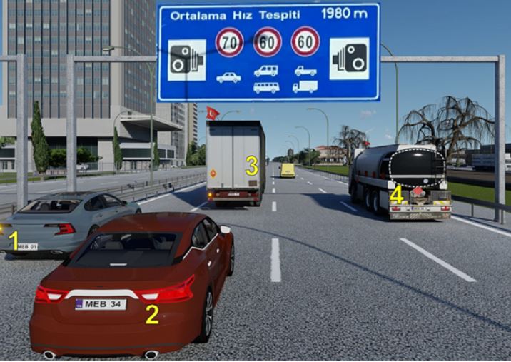 Soru 14 görseli: Görseldeki yolda, numaralanmış araçlardan hangileri en fazla 70 km/saat hızla yollarına…