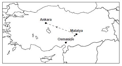Soru 17 görseli: Osmaniye'den hareket eden bir araç, haritada görüldüğü gibi önce Malatya'ya oradan da A…