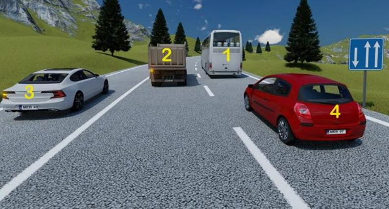 Soru 44 görseli: Görsele göre, numaralı araçlardan hangileri hatalı geçme yapmaktadır?